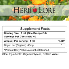 Herb Lore Sage Tincture - USDA Organic - Alcohol Free