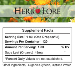 Herb Lore Sage Tincture - USDA Organic - Alcohol Free